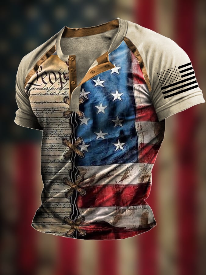 Men's The Pledge Independence Day Henley Neck Raglan Sleeve T-Shirt