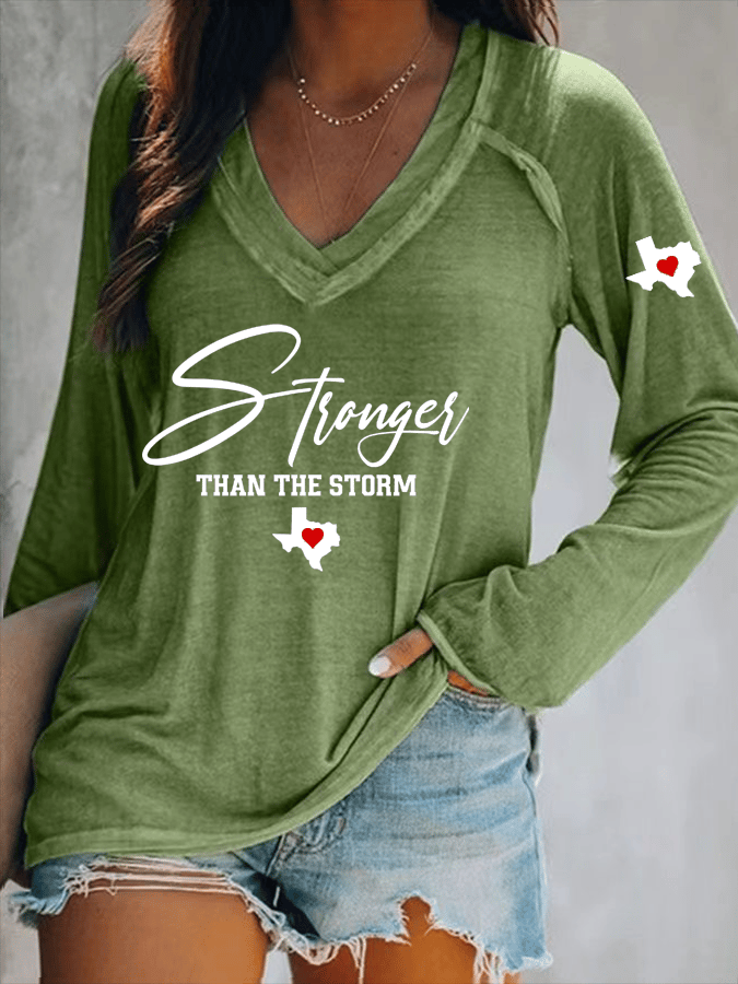Women's Texas Stronger Than The Storm Printed V-Neck T-Shirt
