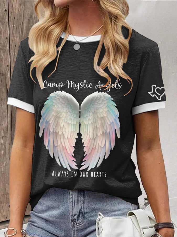 Women's Camp Mystic Angels Always In Our Hearts Print Crew Neck T-Shirt
