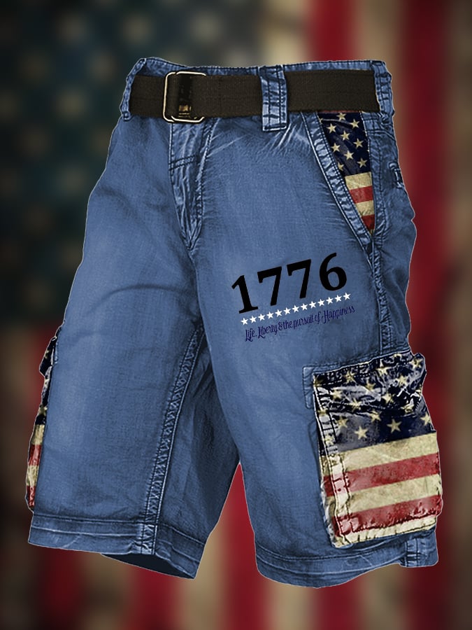 Men's Vintage Flag Independence Day Multi-Pocket Print Cargo Shorts (Belt Not Included)