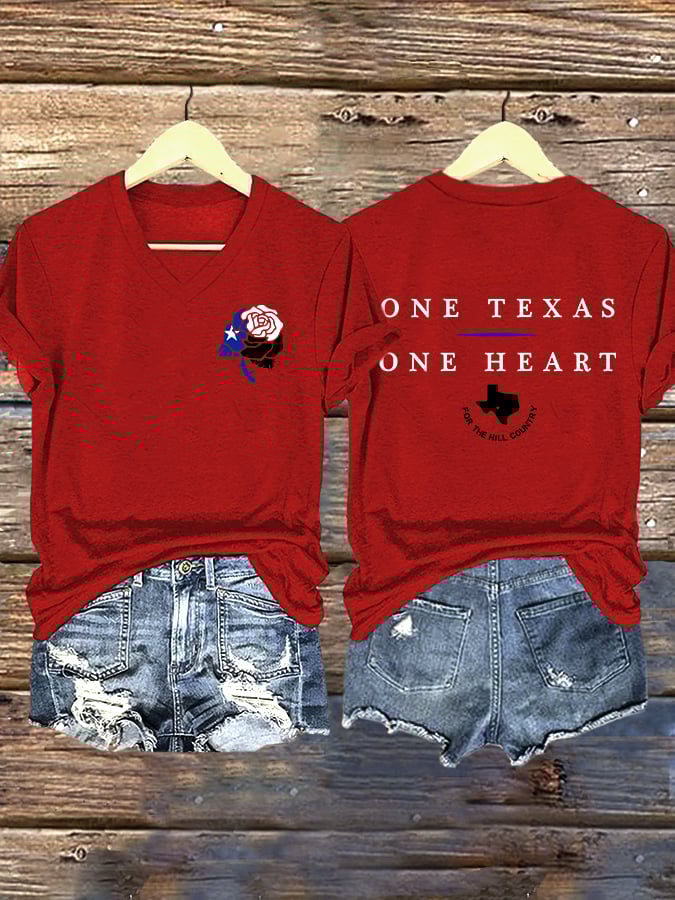 ππJoin us in praying for Texas.πV-Neck Retro Texas Strong One Texas One Heart For The Hill Country Print T-Shirt