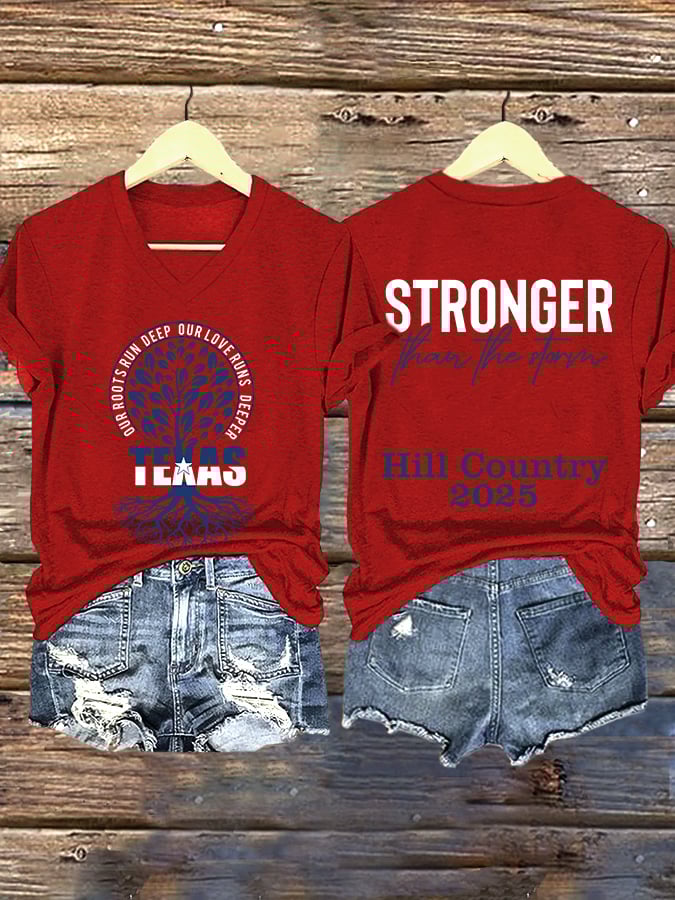 ππJoin us in praying for Texas.πV-Neck Retro Our Roots Run Deep Our Love Runs Deeper Texas Stronger Than The Storm Kerrville 2025 Print T-Shirt