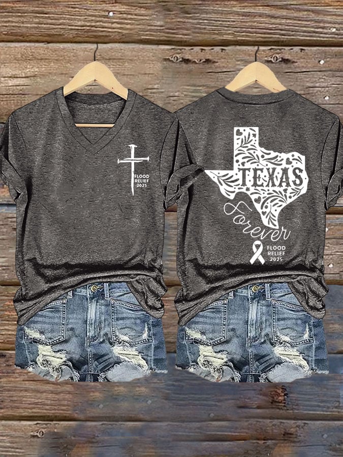 Women's Texas Flood TEXAS Forever Print V-Neck T-Shirt
