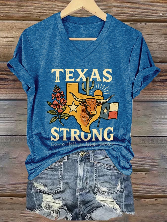 ππJoin us in praying for Texas.πV-Neck Retro Texas Strong Come Hell Or High Water Print T-Shirt