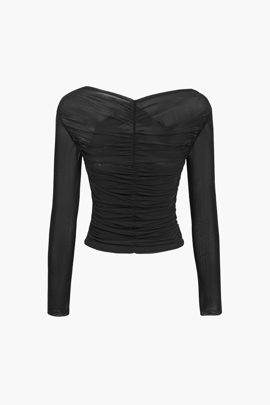 Solid Sheer Mesh Ruched Long-Sleeve Top