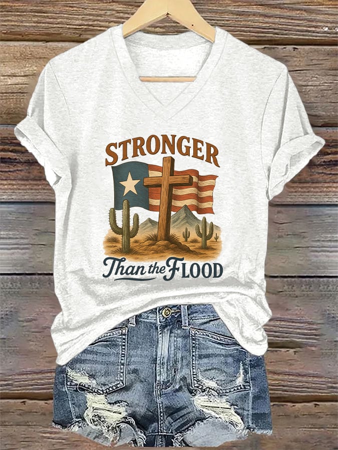 ππJoin us in praying for Texas.πV-Neck Retro Texas Strong Stronger Than The Flood Faith Cross Print T-Shirt