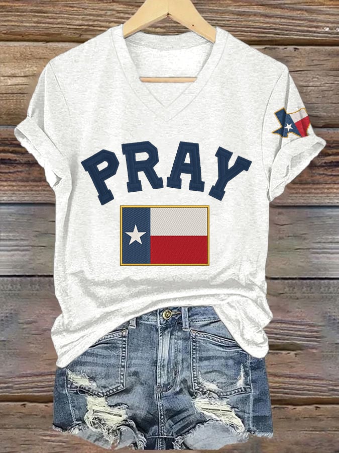 V-Neck Retro Pray For Texas Texas Strong Print T-Shirt