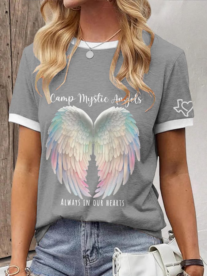 Women's Camp Mystic Angels Always In Our Hearts Print Crew Neck T-Shirt