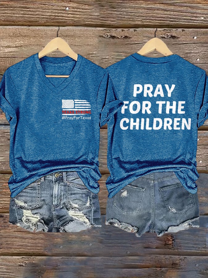 ππJoin us in praying for Texas.πV-Neck Retro Texas Strong Pray For Texas Pray For The Children Print T-Shirt
