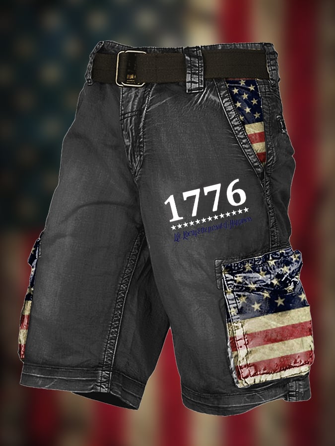 Men's Vintage Flag Independence Day Multi-Pocket Print Cargo Shorts (Belt Not Included)