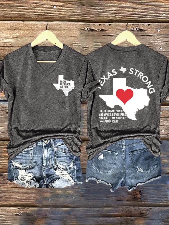 🙏💔Join us in praying for Texas.🙏V-Neck Retro Texas Strong From The Flood, We Rise Texas Strong In The Storms, Winds And Waves, He Whispers,“Fear Not, I Am With You”— Psalm 107:29 Print T-Shirt