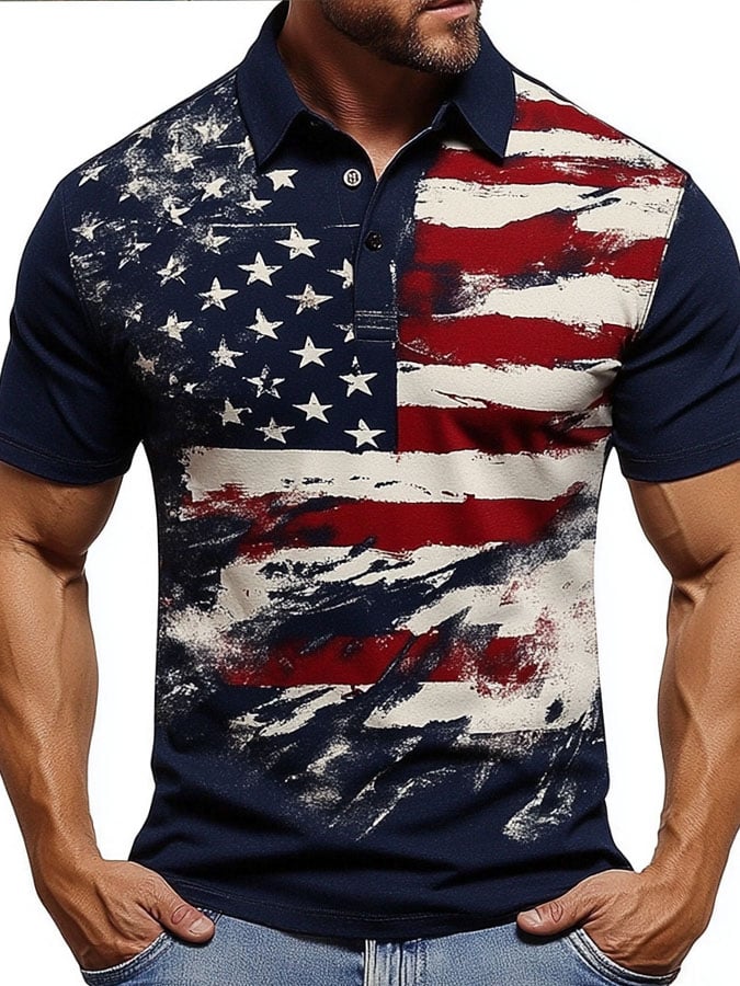 Men'S Retro Flag Print Polo Shirt