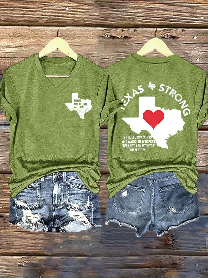 🙏💔Join us in praying for Texas.🙏V-Neck Retro Texas Strong From The Flood, We Rise Texas Strong In The Storms, Winds And Waves, He Whispers,“Fear Not, I Am With You”— Psalm 107:29 Print T-Shirt