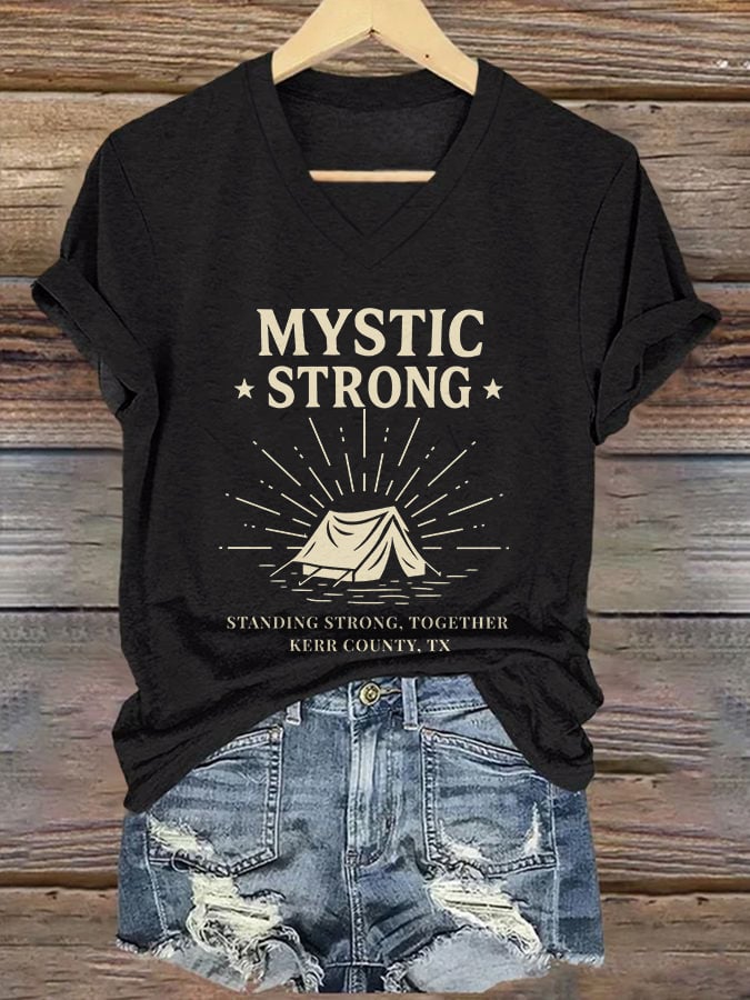 ππJoin us in praying for Texas.πV-Neck Retro Texas Strong Mystic Strong Standing Strong, Together Kerr County, TX Print T-Shirt