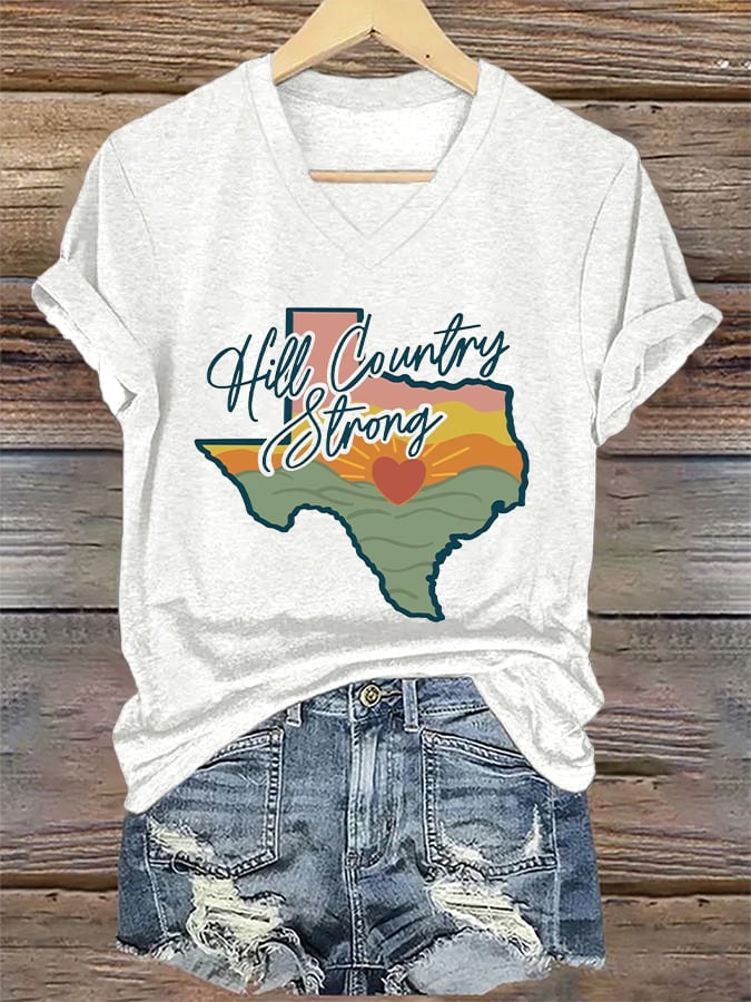 ππJoin us in praying for Texas.πV-Neck Retro Texas Strong Hill Country Strong Print T-Shirt