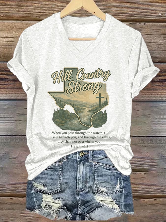 ππJoin us in praying for Texas.πV-Neck Retro Hill Country Strong When You Pass Through The Waters, I Will Be With You; And Through The Rivers, They Shall Not Overwhelm You.β Isaiah 43:2 Print T-Shirt