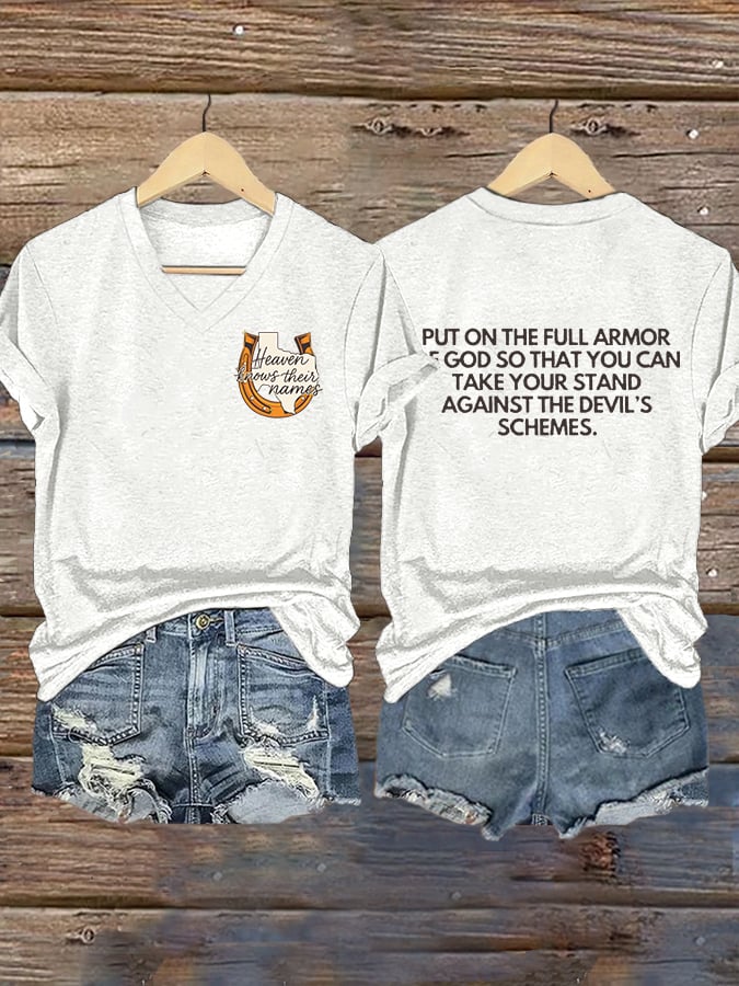 ππJoin us in praying for Texas.πV-Neck Retro Texas Strong Heaven Knows Their Names Put On The Full Armor Of God So That You Can Take Your Stand Against The Devil's Schemes Print T-Shirt