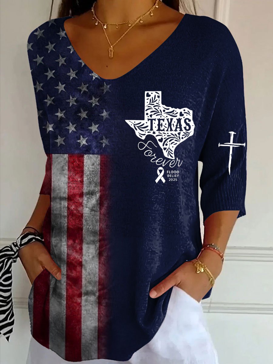 Womens Flag Texas Flood Print Casual V Neck T-Shirt