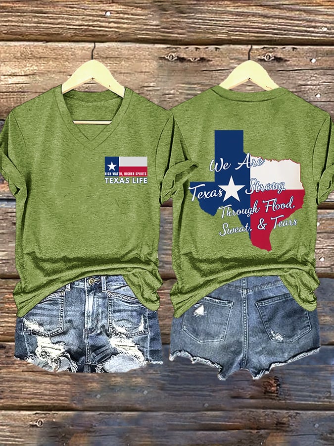 ππJoin us in praying for Texas.πV-Neck Retro Texas Strong High Water, Higher Spirits Texas Life We Are Texas Strong Through Flood, Sweat, And Tears Print T-Shirt