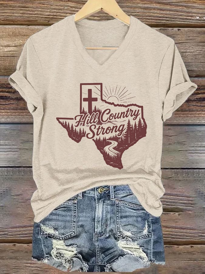 🙏💔Join us in praying for Texas.🙏Women's Texas Hill Country Strong Print V-Neck T-Shirt