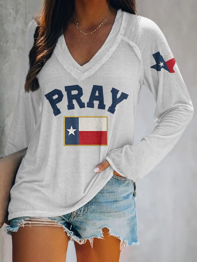 ππJoin us in praying for Texas.πV-neck Retro Pray For Texas Texas Strong Print T-Shirt