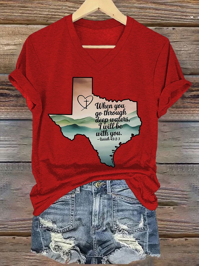 ππJoin us in praying for Texas.πV-Neck Retro Texas Strong When You Go Through Deep Waters, I Will Be With You. Isaiah 43:2 Print T-Shirt