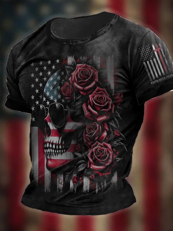 Men's Vintage Independence Day Skull Print Short Sleeve T-Shirt
