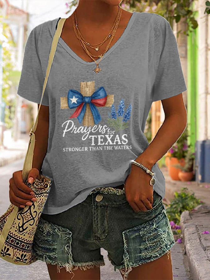 ππJoin us in praying for Texas.πV-Neck Retro Texas Strong Prayers For Texas Stronger Than The Waters Faith Cross Print T-Shirt