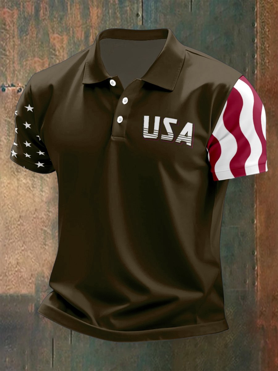 Men's Outdoor Independence Day American Flag Button Short Sleeve Polo Shirt