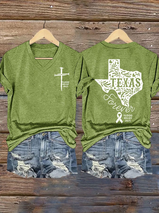 Women's Texas Flood TEXAS Forever Print V-Neck T-Shirt
