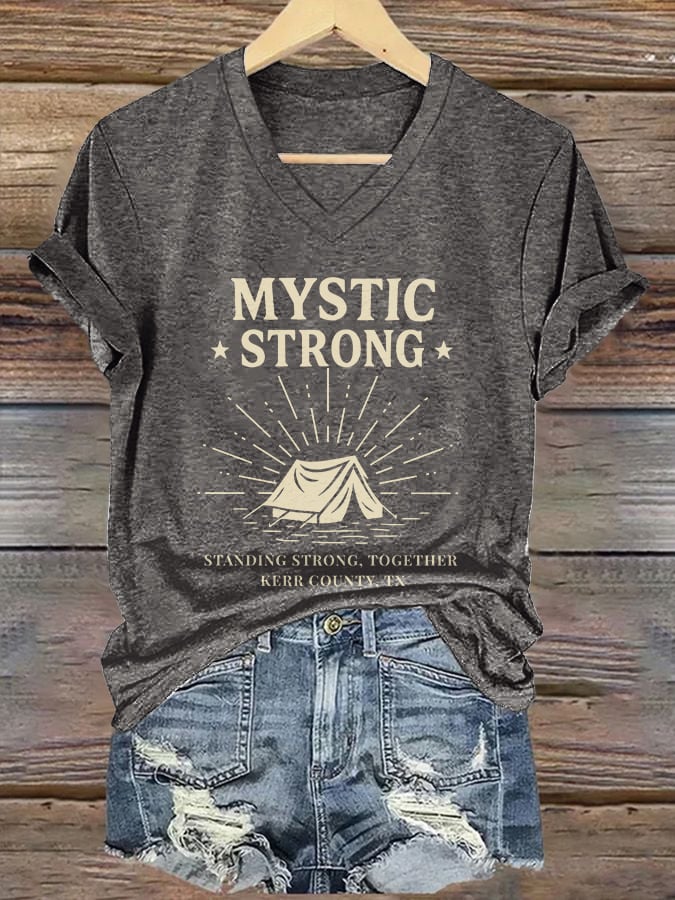 ππJoin us in praying for Texas.πV-Neck Retro Texas Strong Mystic Strong Standing Strong, Together Kerr County, TX Print T-Shirt