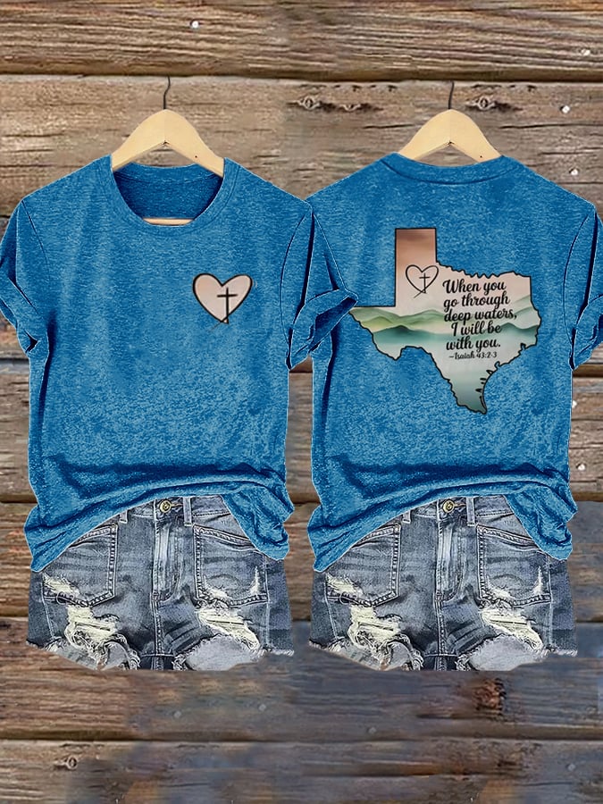 🙏💔Join us in praying for Texas.🙏Women's When You Go Through Deep Waters, I Will Be With You. Isaiah 43:2 Faith Printed T-Shirts