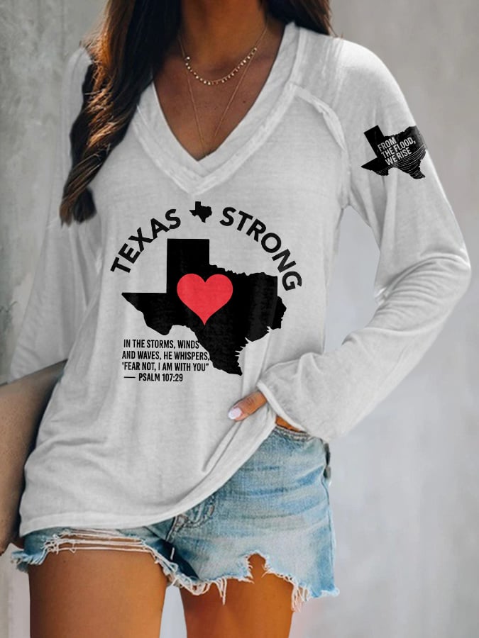 🙏💔Join us in praying for Texas.🙏V-neck Retro Texas Strong From The Flood, We Rise Texas Strong In The Storms, Winds And Waves, He Whispers,“Fear Not, I Am With You”— Psalm 107:29 Print T-Shirt