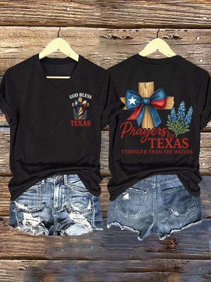 ππJoin us in praying for Texas.πV-Neck Retro Texas Strong Prayers For Texas Stronger Than The Waters God Bless Texas Print T-Shirt