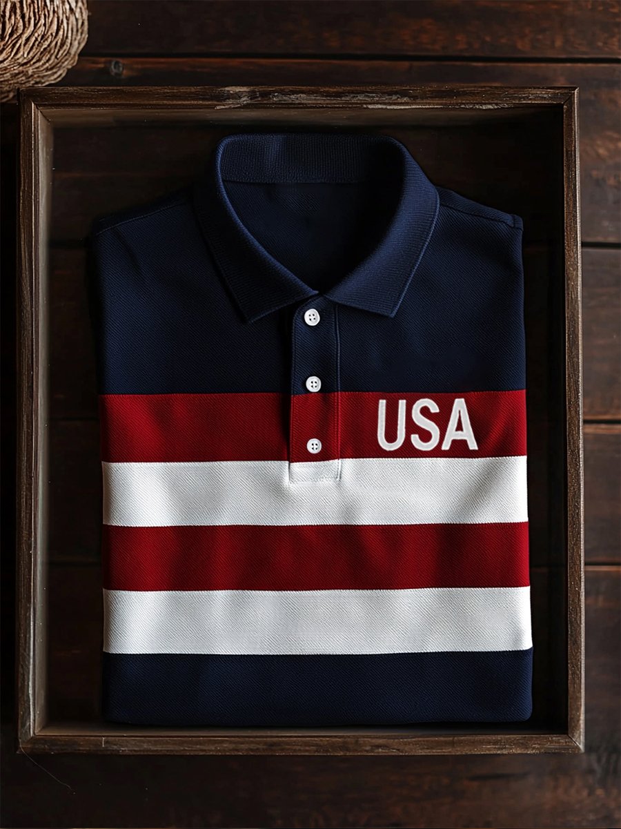 Men's Business Casual Independence Day Striped Button Short Sleeve Polo Shirt