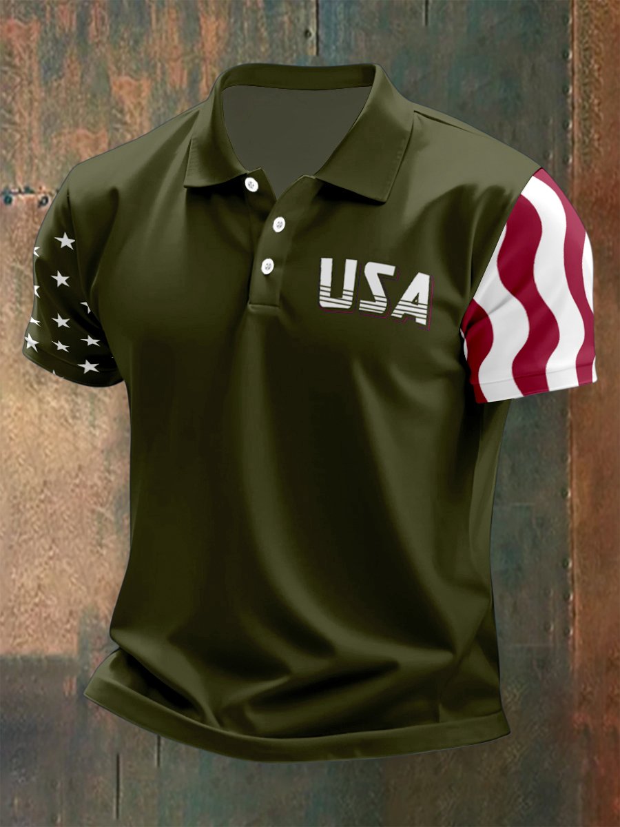 Men's Outdoor Independence Day American Flag Button Short Sleeve Polo Shirt