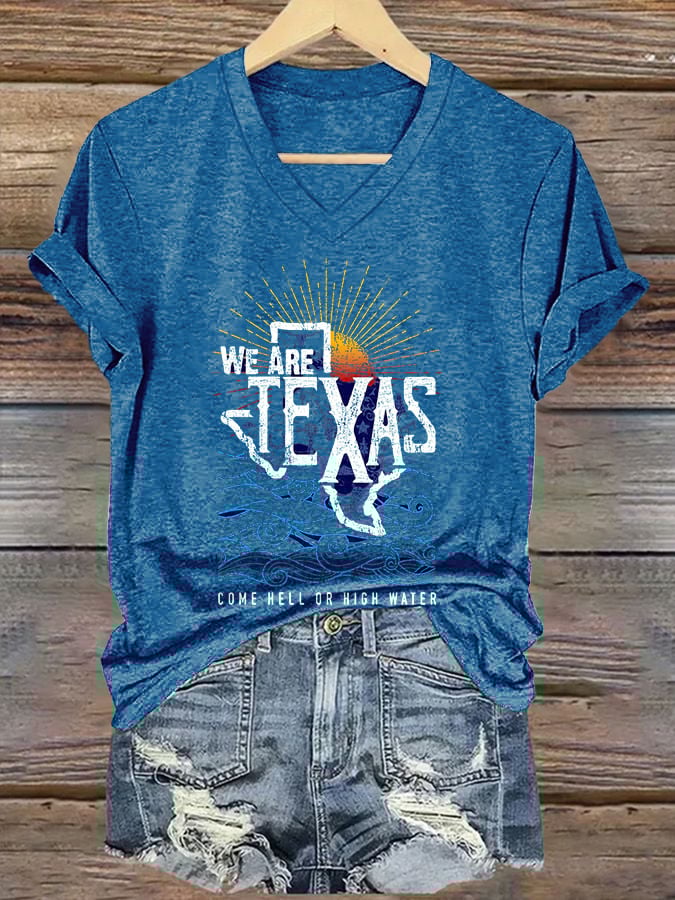ππJoin us in praying for Texas.πV-Neck Retro Texas Strong We Are Texas Come Hell Or High Water Print T-Shirt