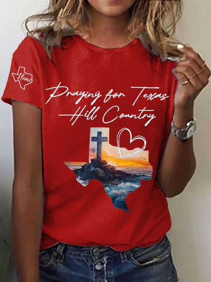 Women's Texas Flood Praying for Texas HILL Country Print Casual T-Shirt