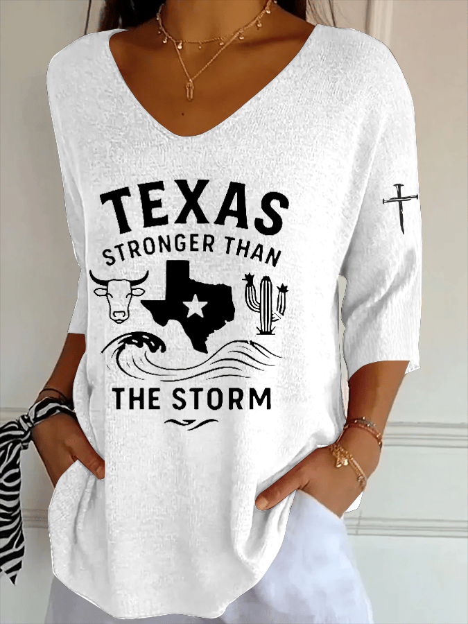Women's Texas Stronger Than The Storm Striped Fabric Casual V Neck T-Shirt