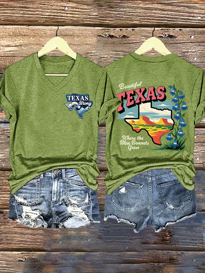 ππJoin us in praying for Texas.πV-Neck Retro Texas Strong Beautiful Texas Where The BlueBonnets Grow Print T-Shirt