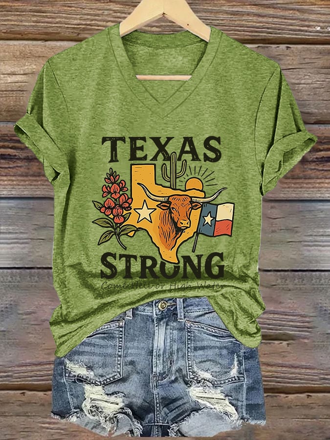 ππJoin us in praying for Texas.πV-Neck Retro Texas Strong Come Hell Or High Water Print T-Shirt