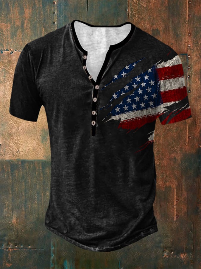 Casual Button Neck Short Sleeve Printed T-Shirt
