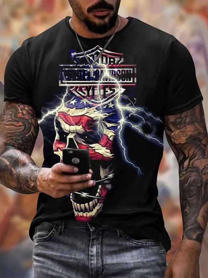 Men's Vintage Independence Day and Skull Print Short Sleeve T-Shirt