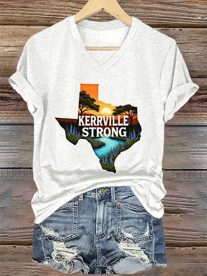 ππJoin us in praying for Texas.πV-Neck Retro Kerrville Strong Print T-Shirt