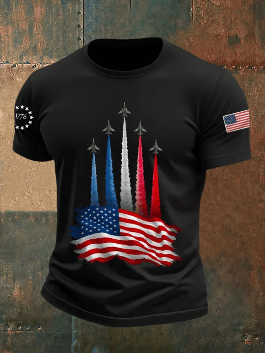 Men's Retro Independence Day Airplane Print T-Shirt
