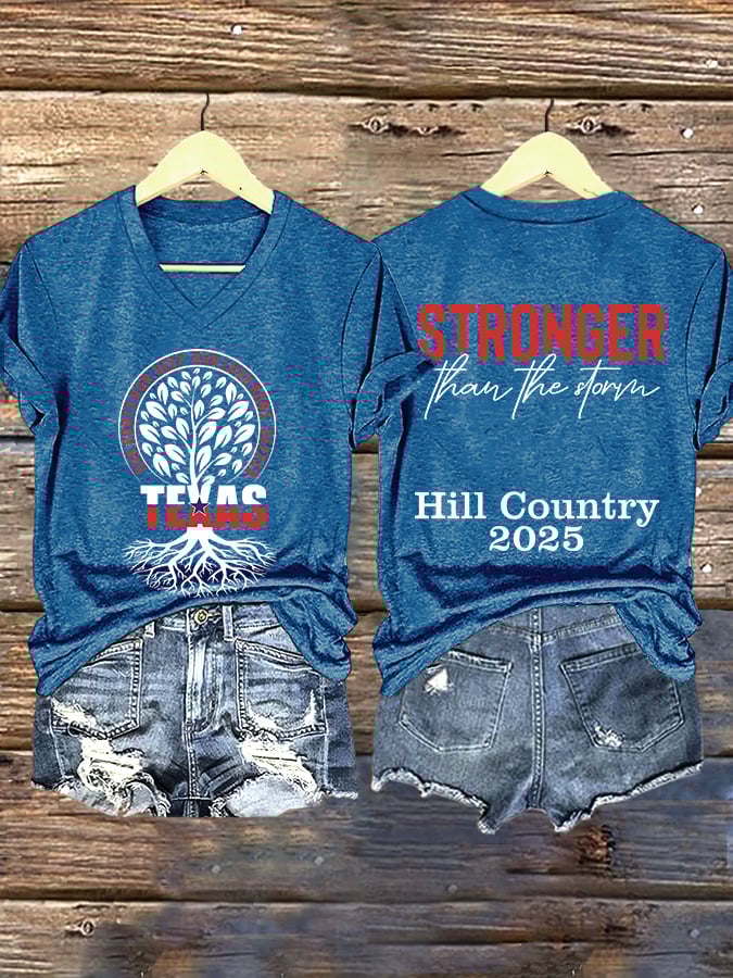 ππJoin us in praying for Texas.πV-Neck Retro Our Roots Run Deep Our Love Runs Deeper Texas Stronger Than The Storm Kerrville 2025 Print T-Shirt