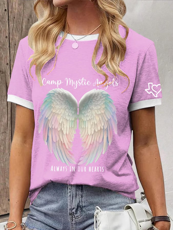 Women's Camp Mystic Angels Always In Our Hearts Print Crew Neck T-Shirt
