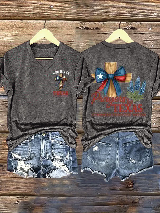 ππJoin us in praying for Texas.πV-Neck Retro Texas Strong Prayers For Texas Stronger Than The Waters God Bless Texas Print T-Shirt