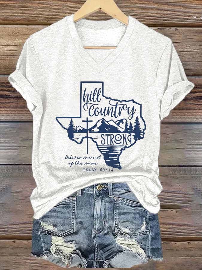 🙏💔Join us in praying for Texas.🙏Women's Texas Hill Country Strong Print V-Neck T-Shirt