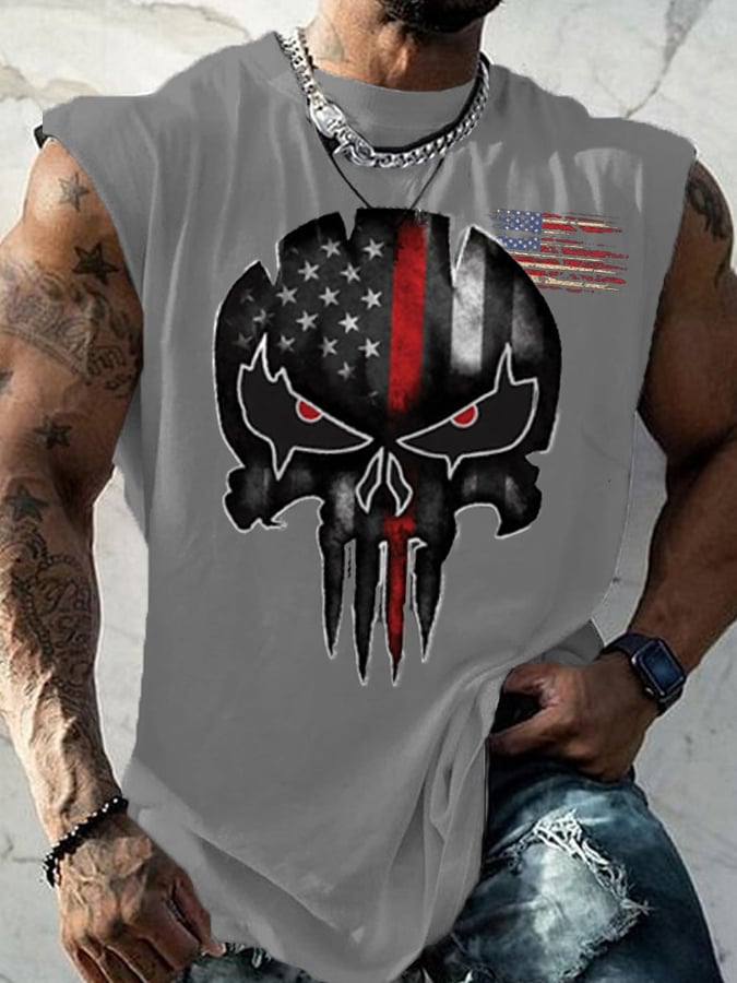 Men's American Flag Independence Day Skull Print Casual Tank Top